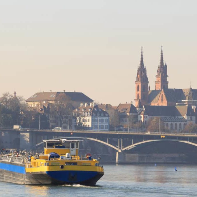 An anonymous cargo ship on the Rhine in Basel American Lamprecht Swiss-US Transport