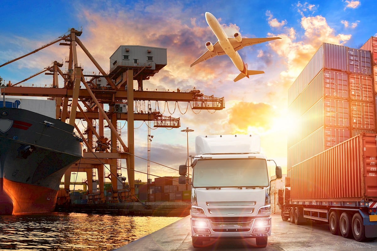Logistics and transportation of Container Cargo ship and Cargo plane with working crane bridge in shipyard American Lamprecht cargo transport