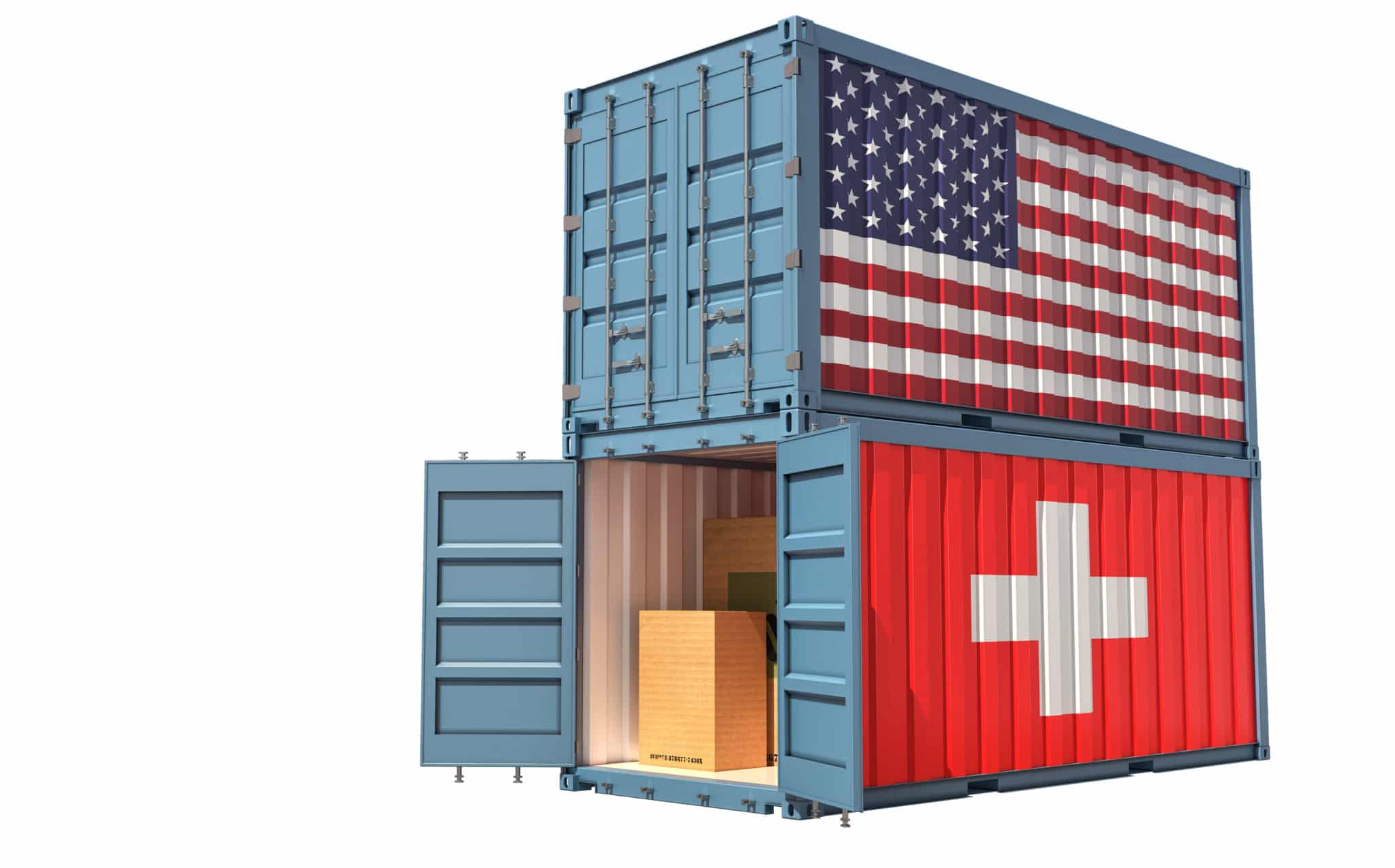 Two freight container with USA and Swiss flag. Isolated on white - 3D Rendering American Lamprecht Swiss-US Transport
